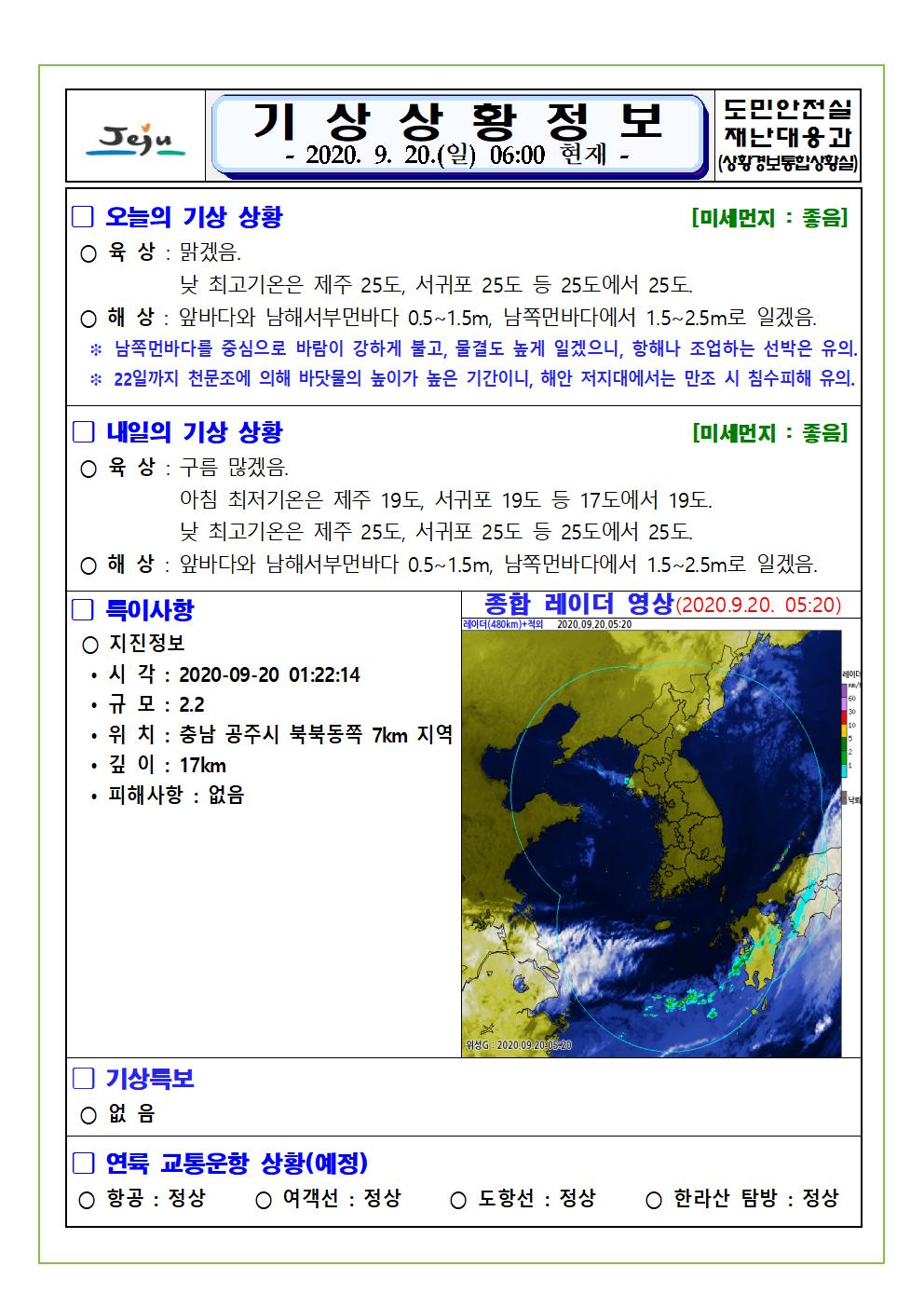 기상상황 2020. 9. 20. 일요일 