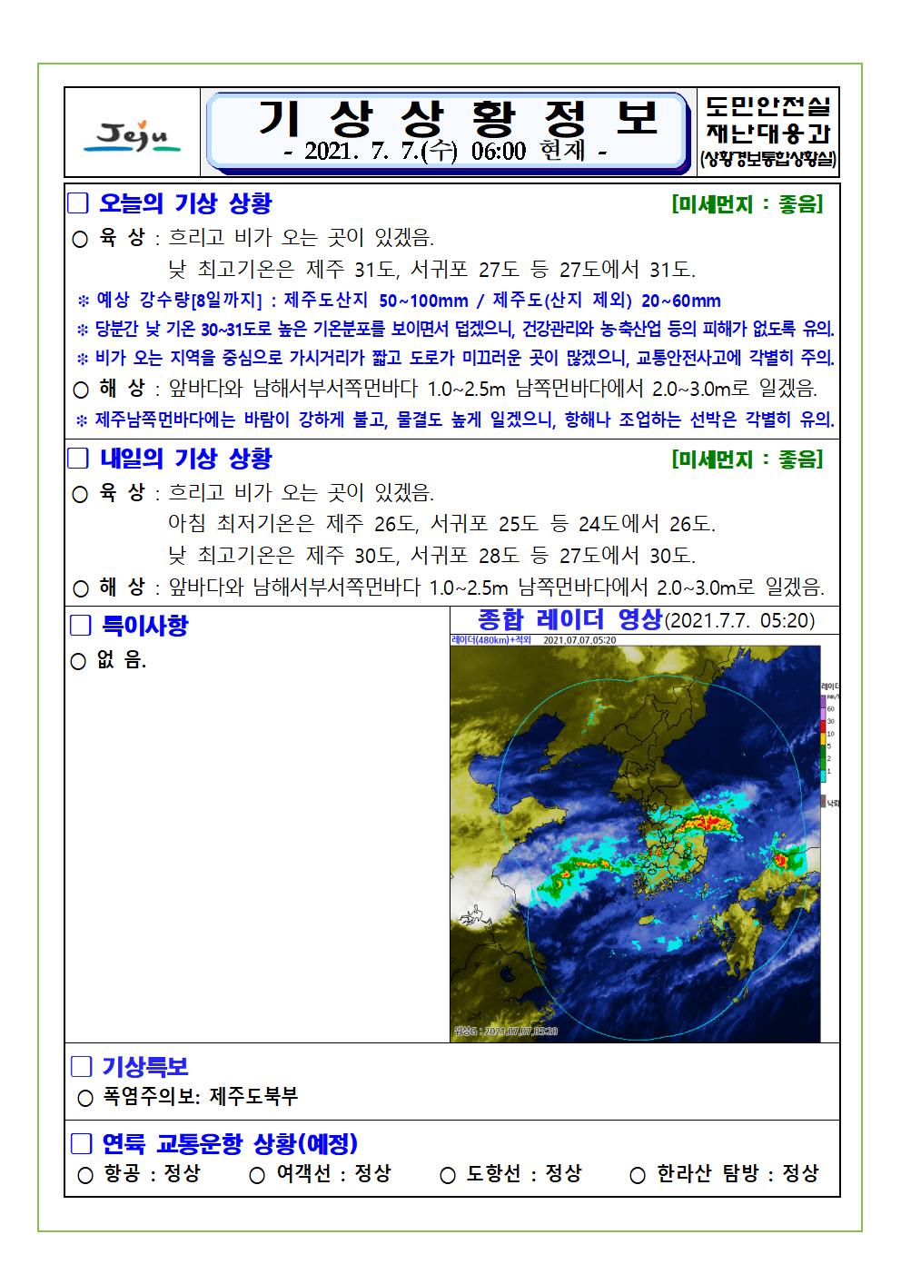 기상상황 2021.7.7 수요일 