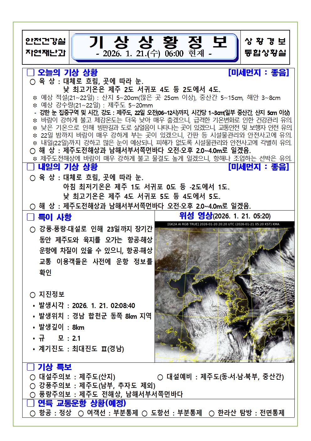기상상황 2026. 1. 21. 수요일