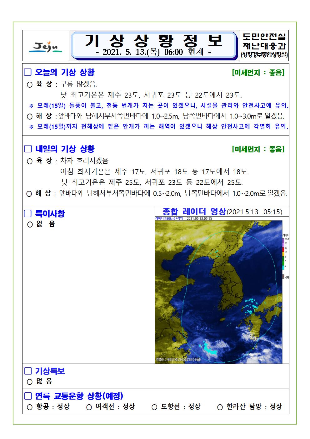 기상상황 2021. 5. 13. 목요일 
