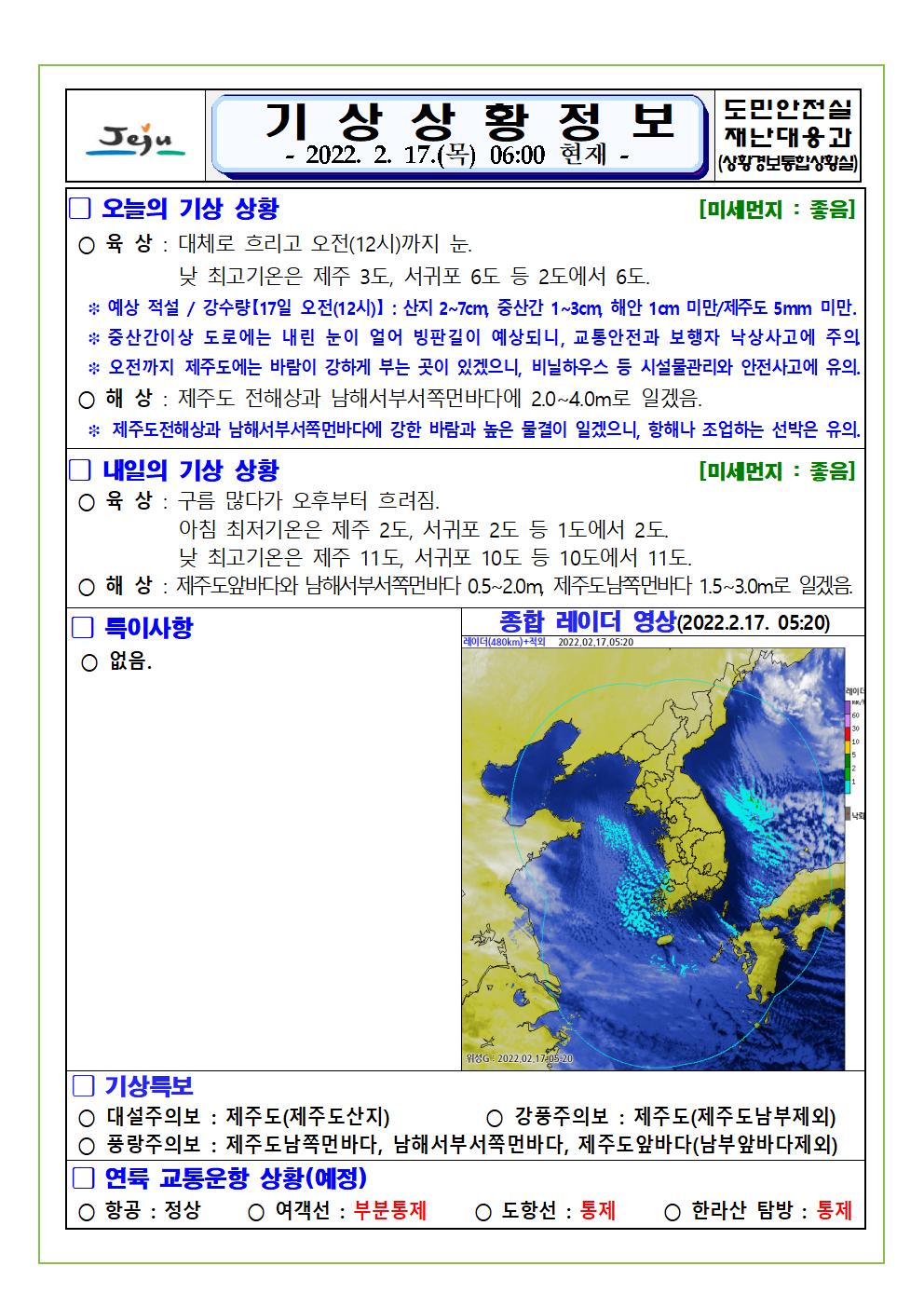 기상상황 2022.02.17. 목요일 