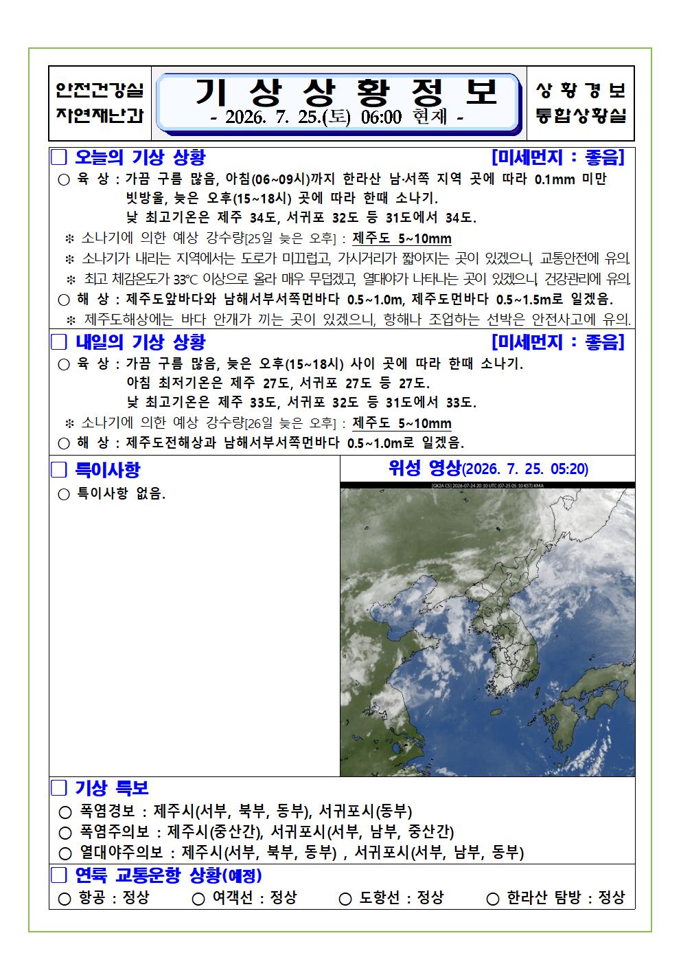 기상상황 2026. 7. 25. 토요일 