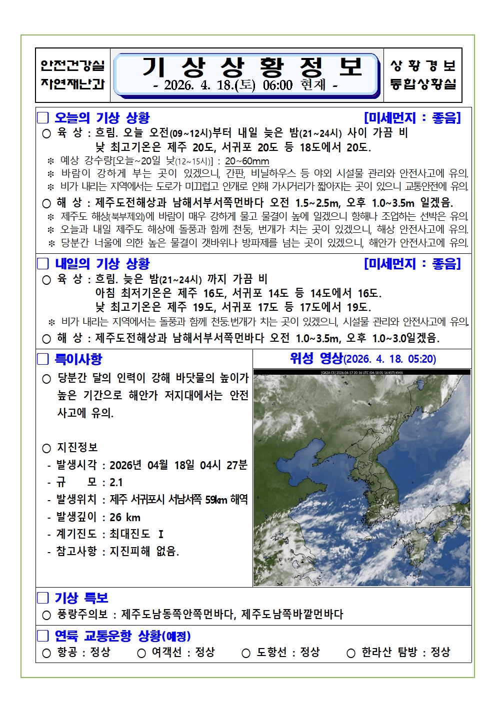 기상상황 2026. 4. 18. 토요일