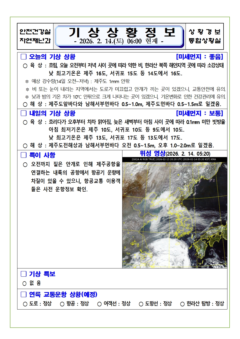 기상상황 2026. 2. 14. 토요일