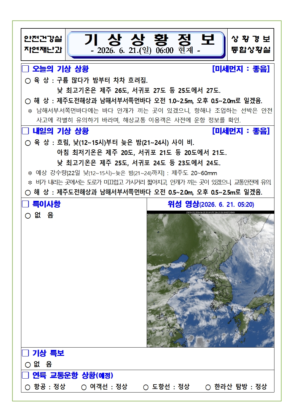 기상상황 2026. 6. 21. 일요일 