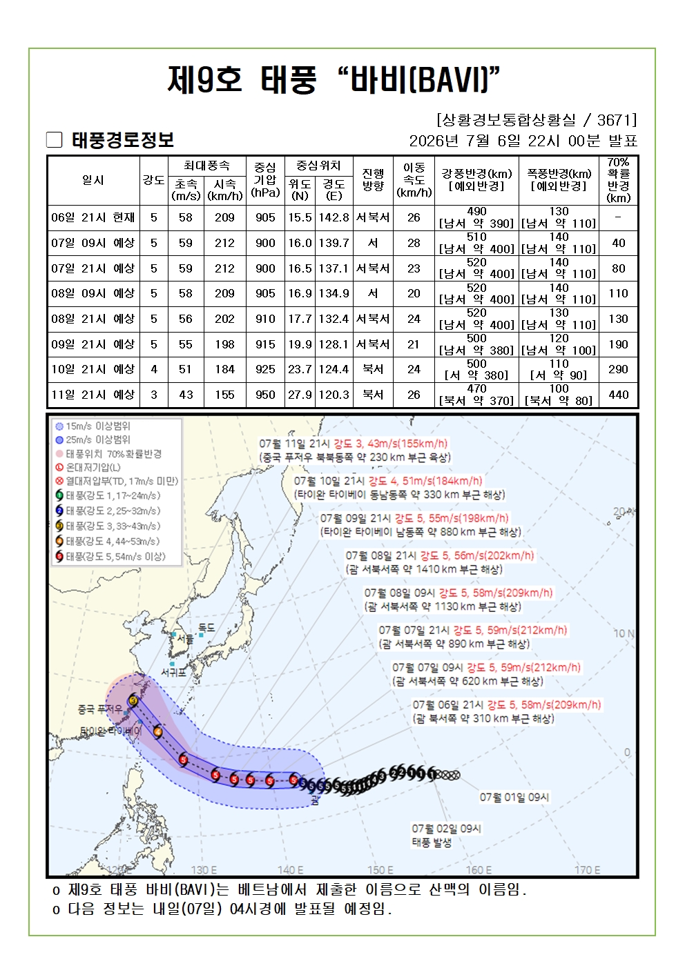 제9호 태풍 바비 예상진로도 2026. 07. 06. 22시00분 