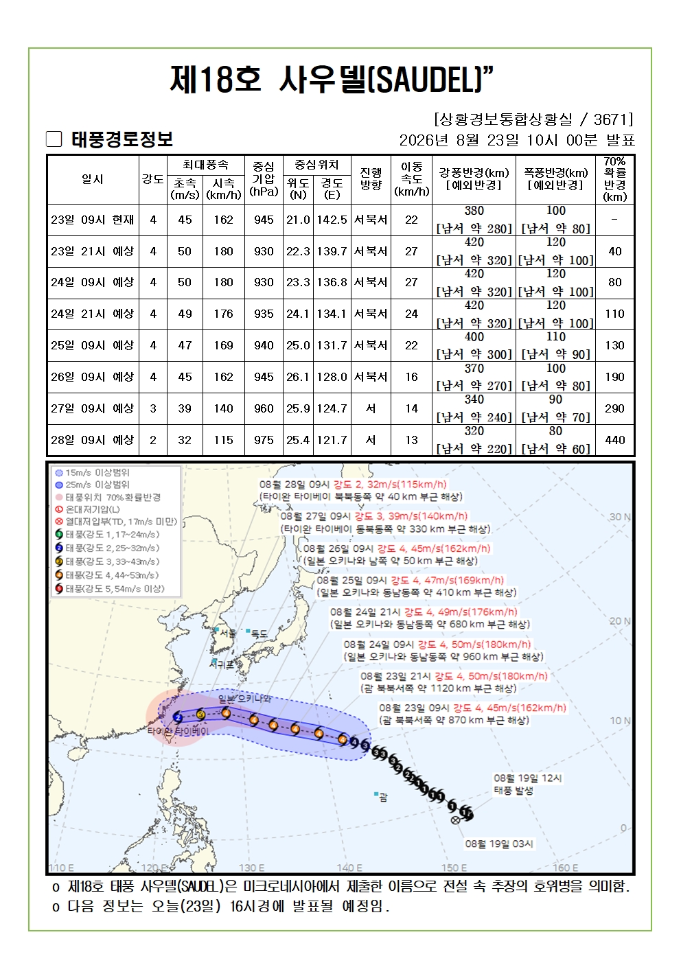 제18호 태풍 사우델 예상진로도 2026. 08. 23. 10시00분 