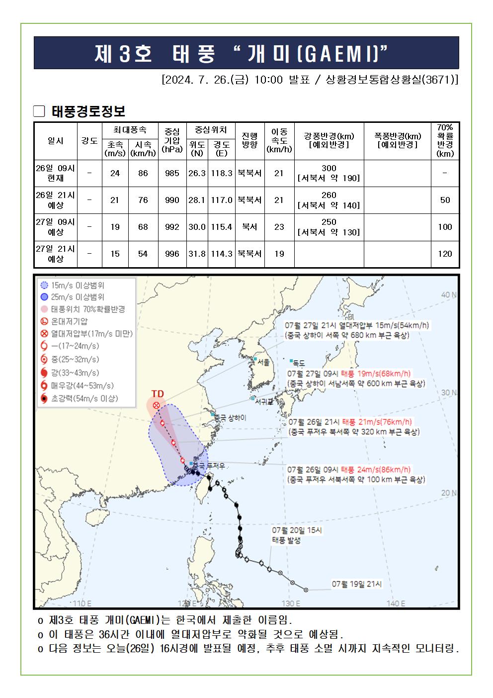 제3호 태풍 개미 예상진로도 2024. 7. 26. 10시00분 발표 