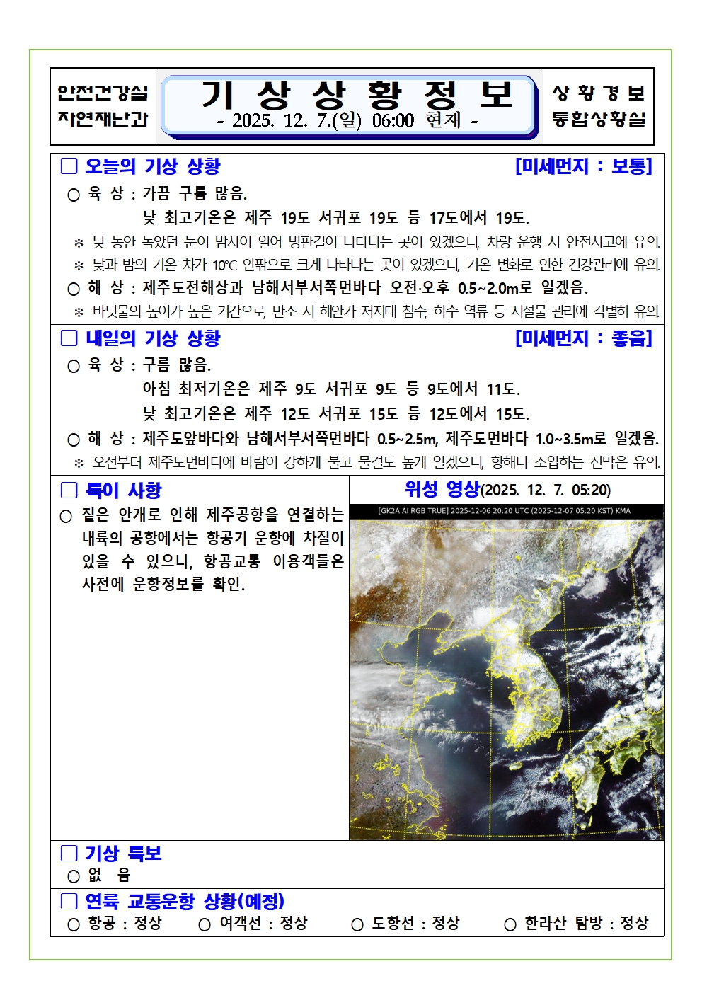 기상상황 2025. 12. 07. 일요일