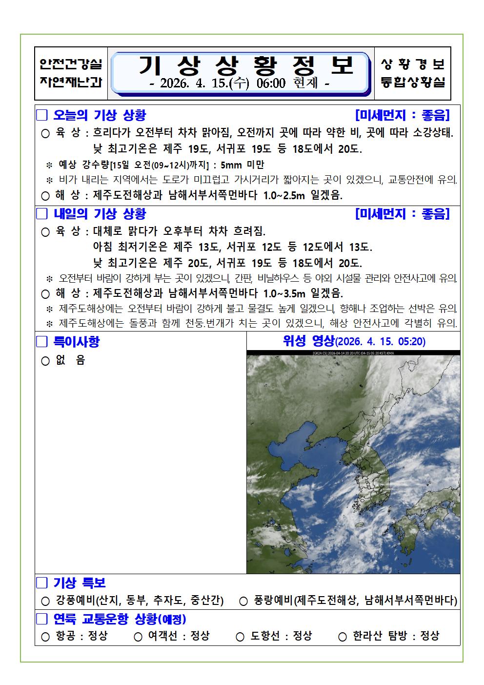 기상상황 2026. 4. 15. 수요일 