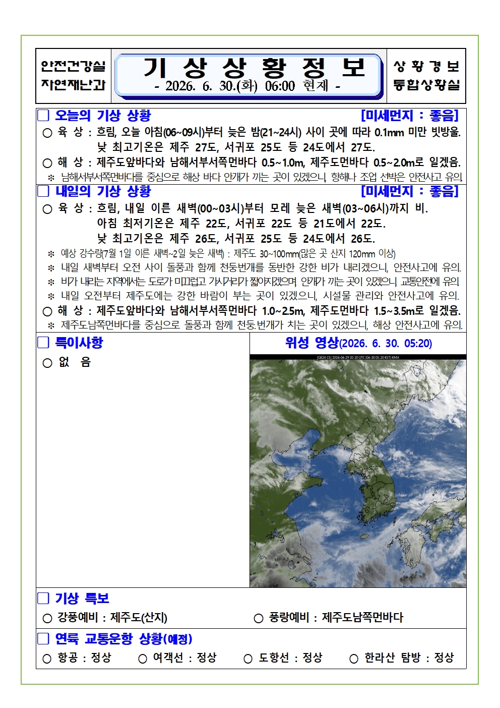 기상상황 2026. 6. 30. 화요일