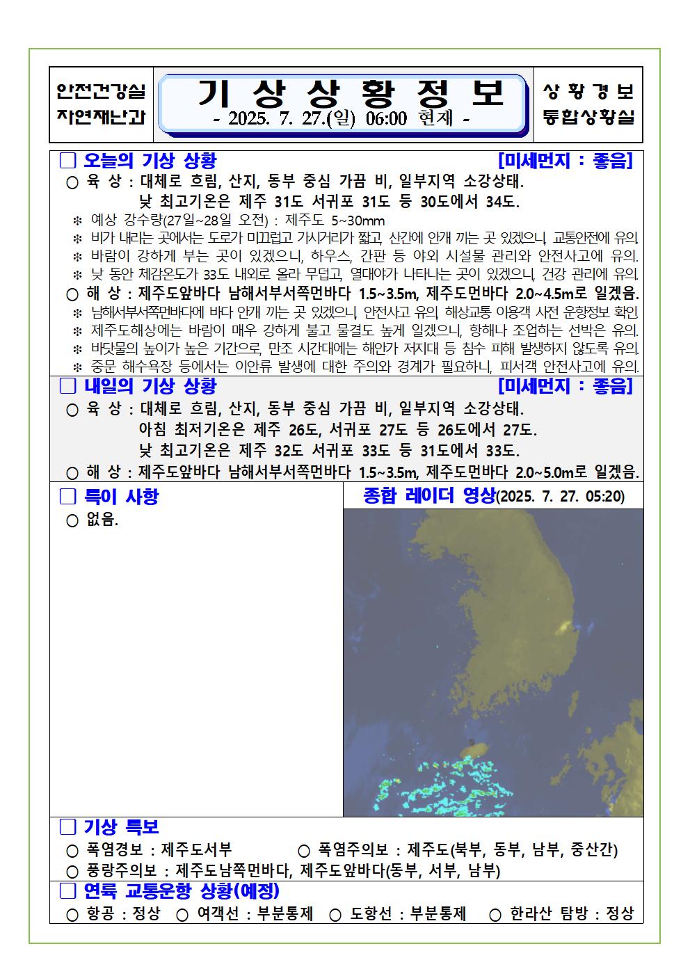 기상상황 2025. 7. 27. 일요일 