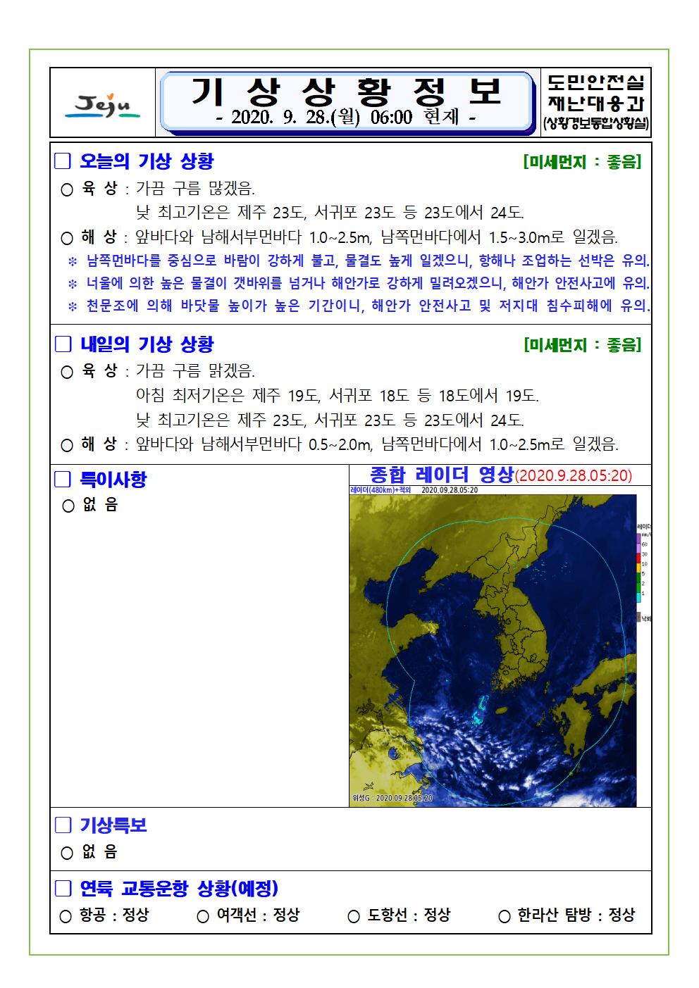 기상상황 2020. 9. 28. 월요일
