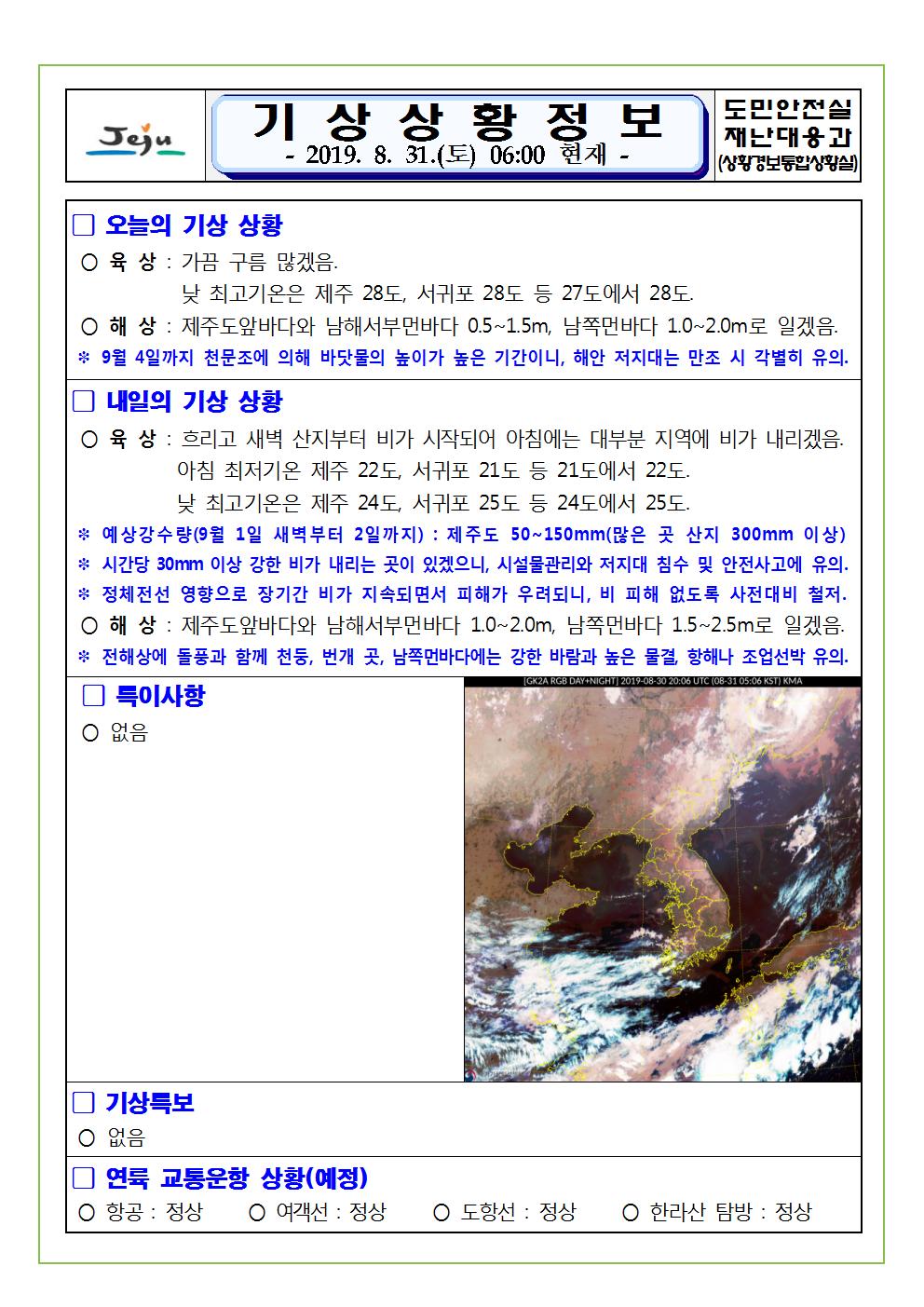 기상상황 정보 2019.8.31. 토요일 