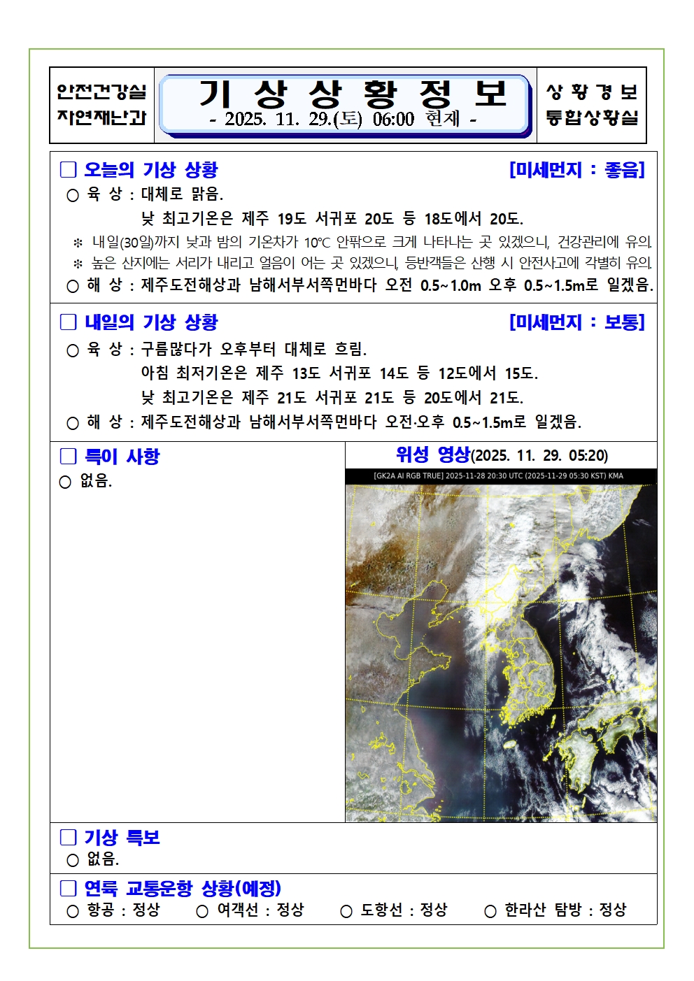 기상상황 2025. 11. 29. 토요일