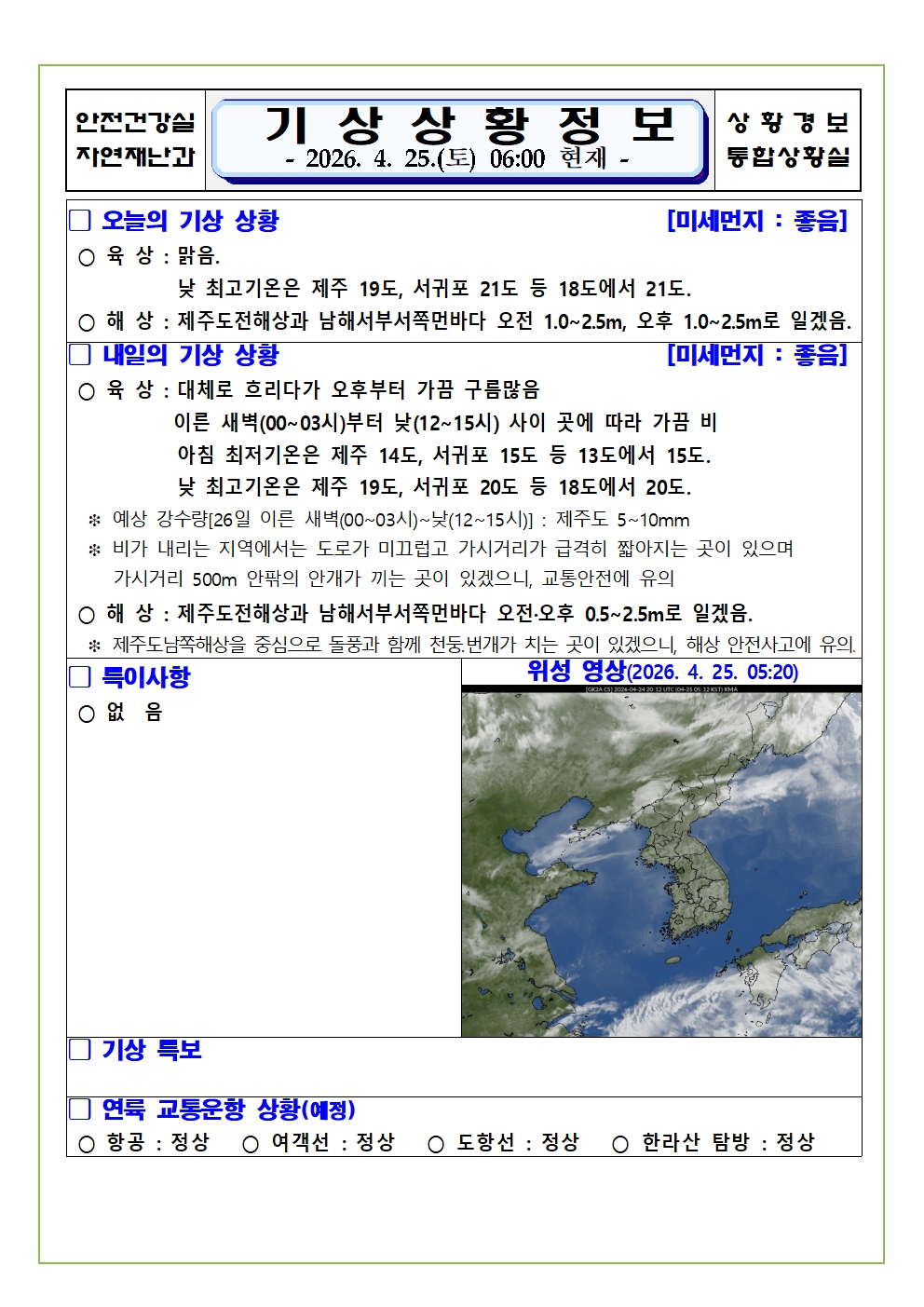 기상상황 2026. 4. 25. 토요일 