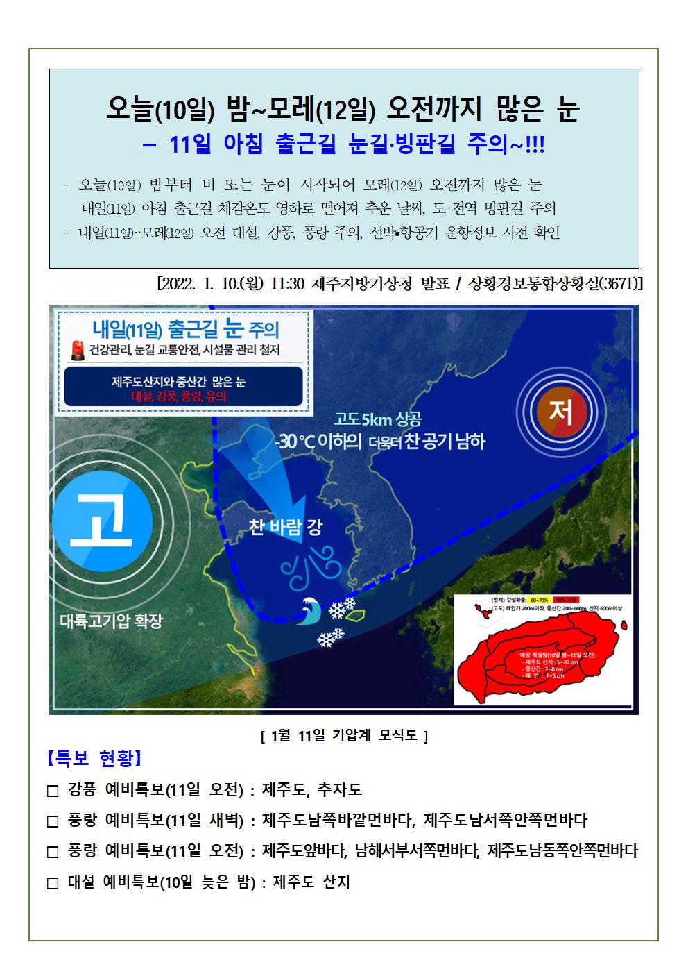 제주지역 기상정보 및 전망(대설•강풍•풍랑, 1.10.~1.12.) 