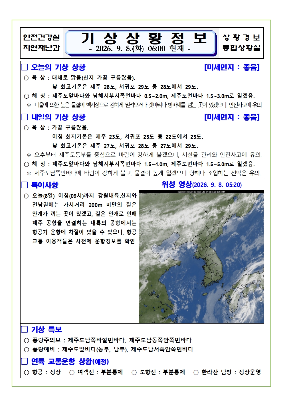 기상상황 2026.09.08. 화요일