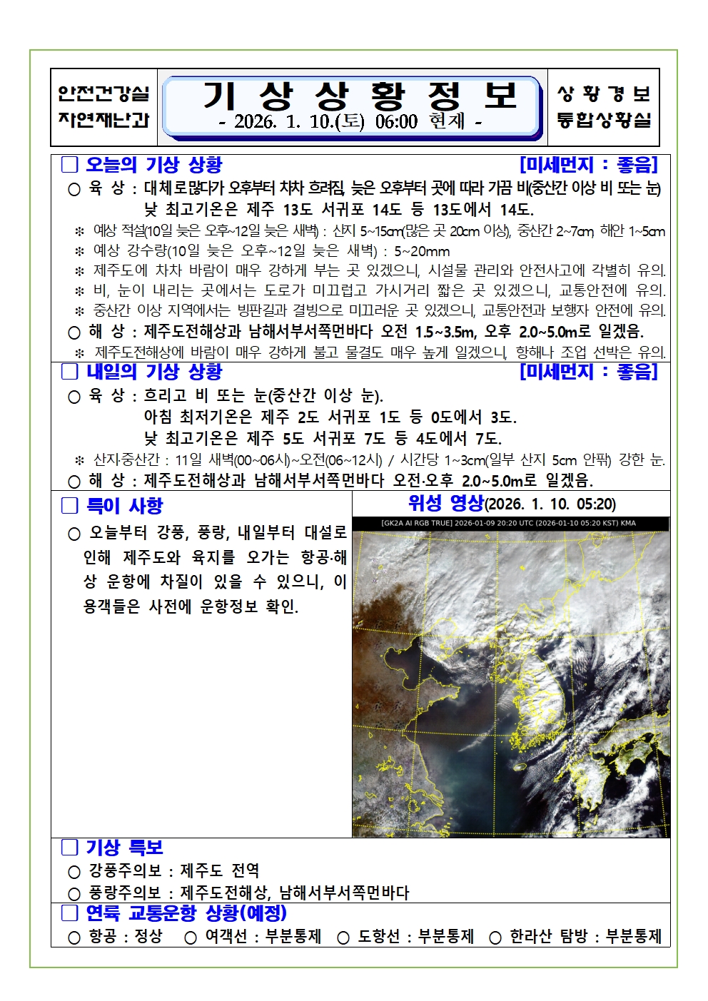 기상상황 2026. 1. 10. 토요일
