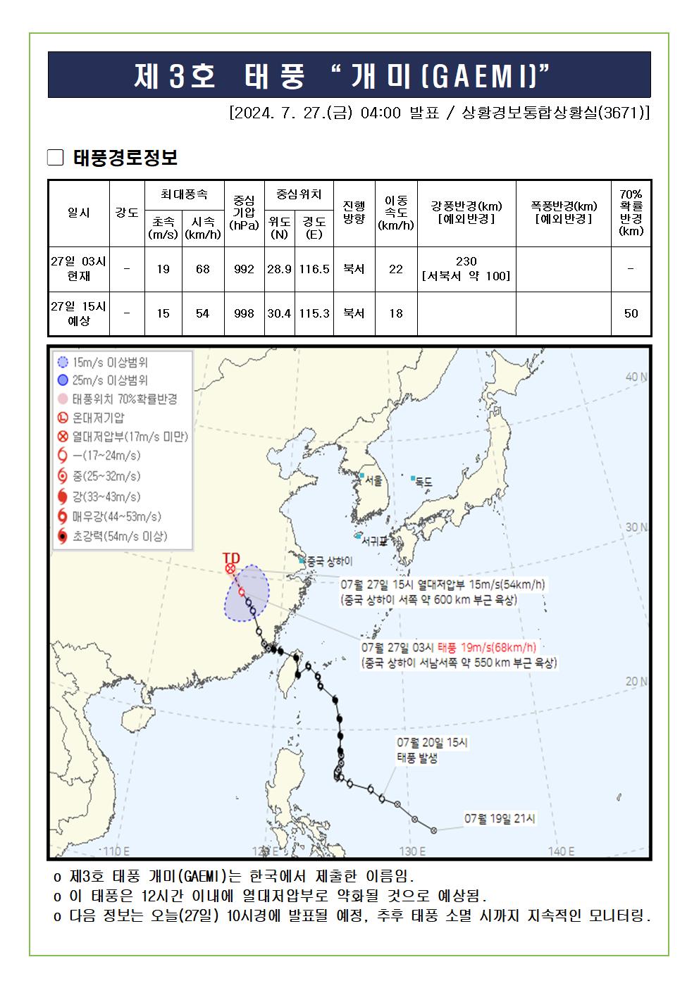 제3호 태풍 개미 예상진로도 2024. 7. 27. 04시00분 발표 