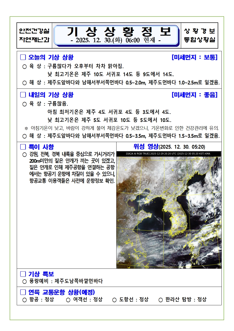 기상상황 2025. 12. 30. 화요일