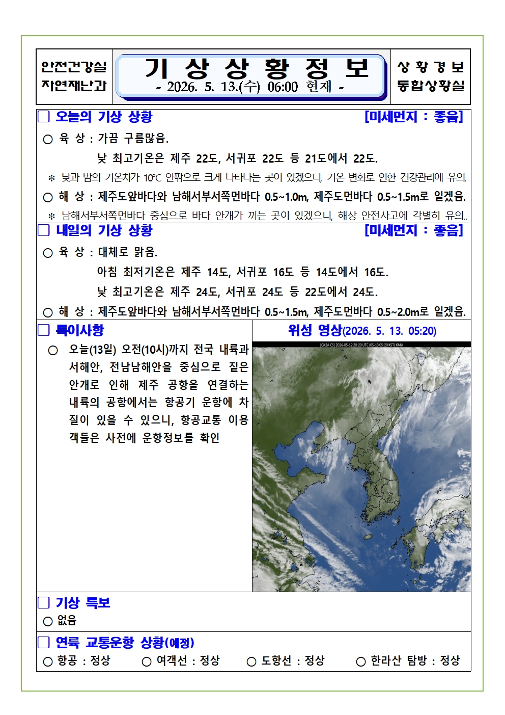 기상상황 2026. 5. 13. 수요일