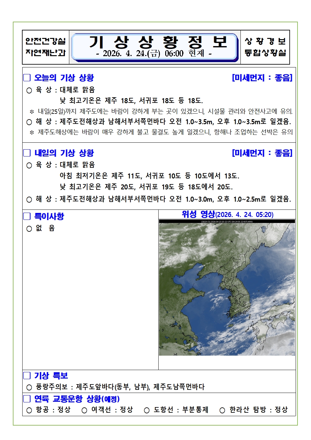 기상상황 2026. 4. 24. 금요일 