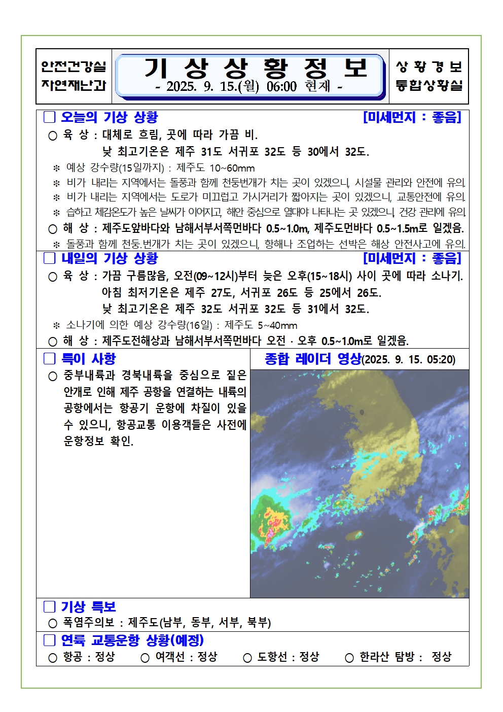 기상상황 2025. 9. 15. 월요일 