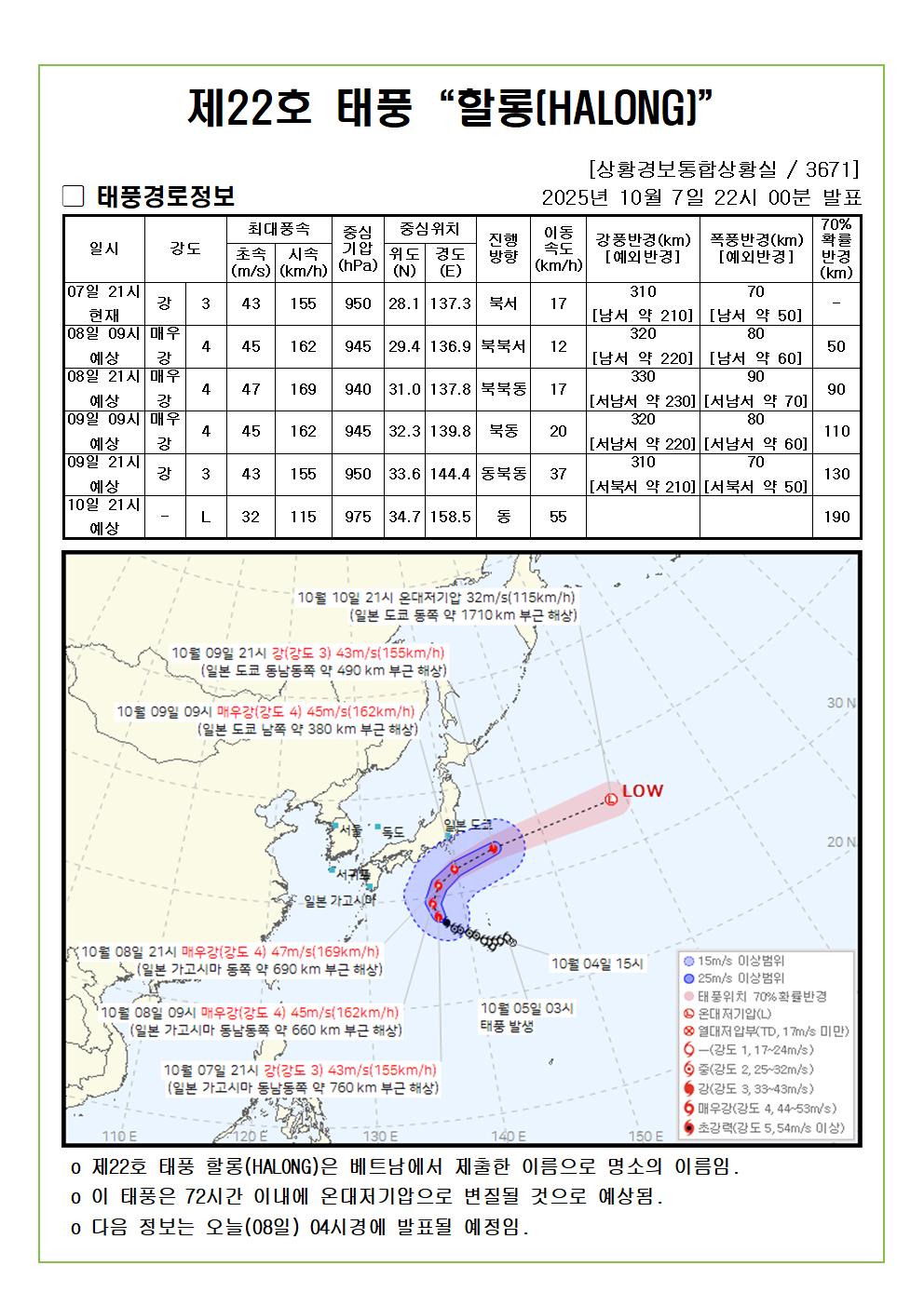 제22호 태풍 할롱 예상진로도 2025. 10. 07. 22시00분 발표