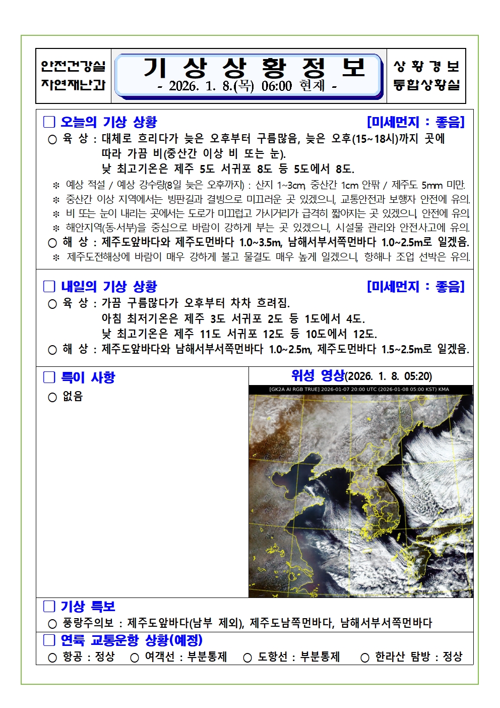 기상상황 2026. 1. 8. 목요일
