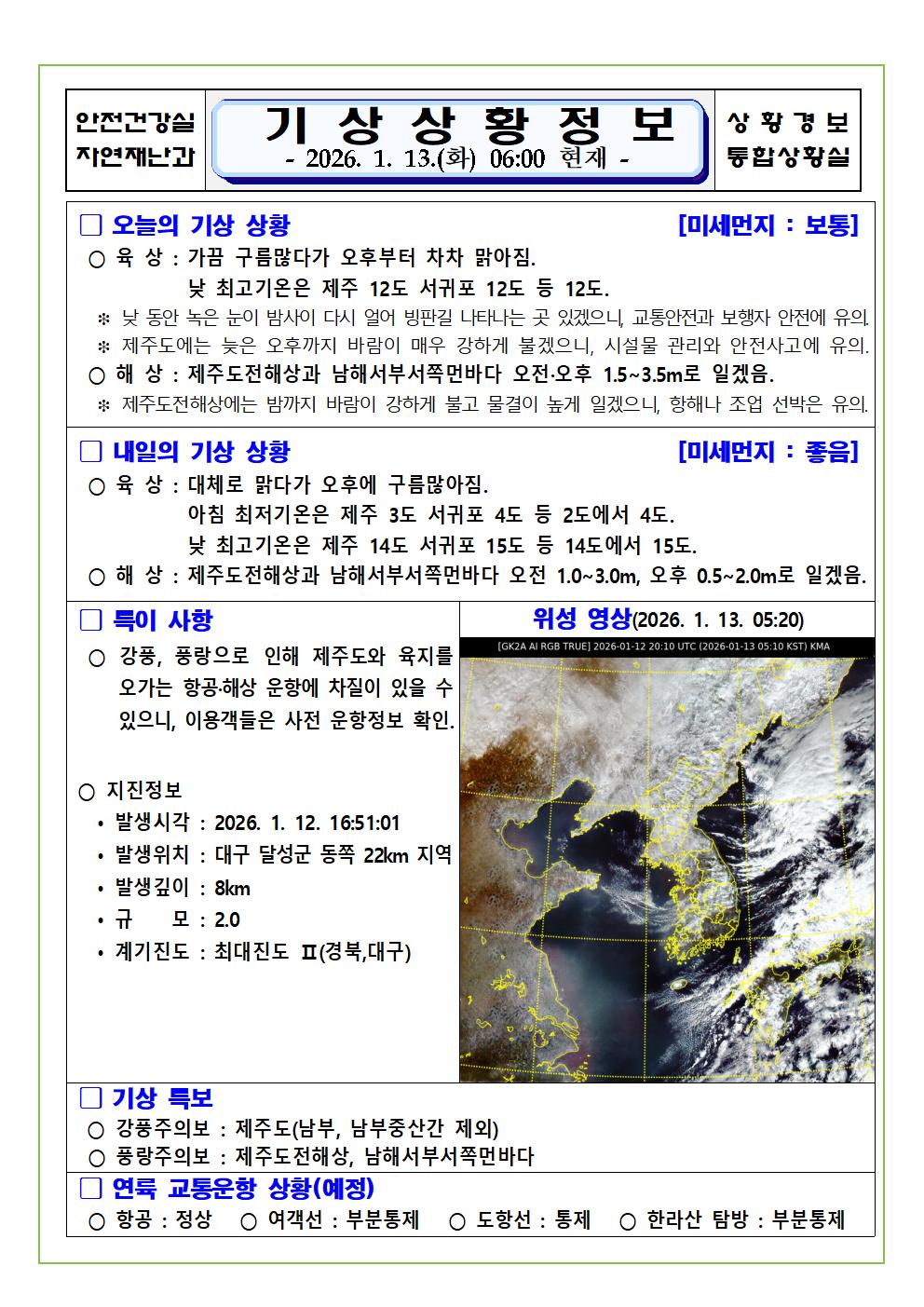 기상상황 2026. 1. 13. 화요일 - 재난안전대책본부-제주