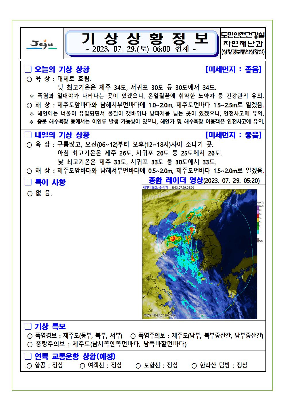 기상상황 2023. 7. 29. 토요일 