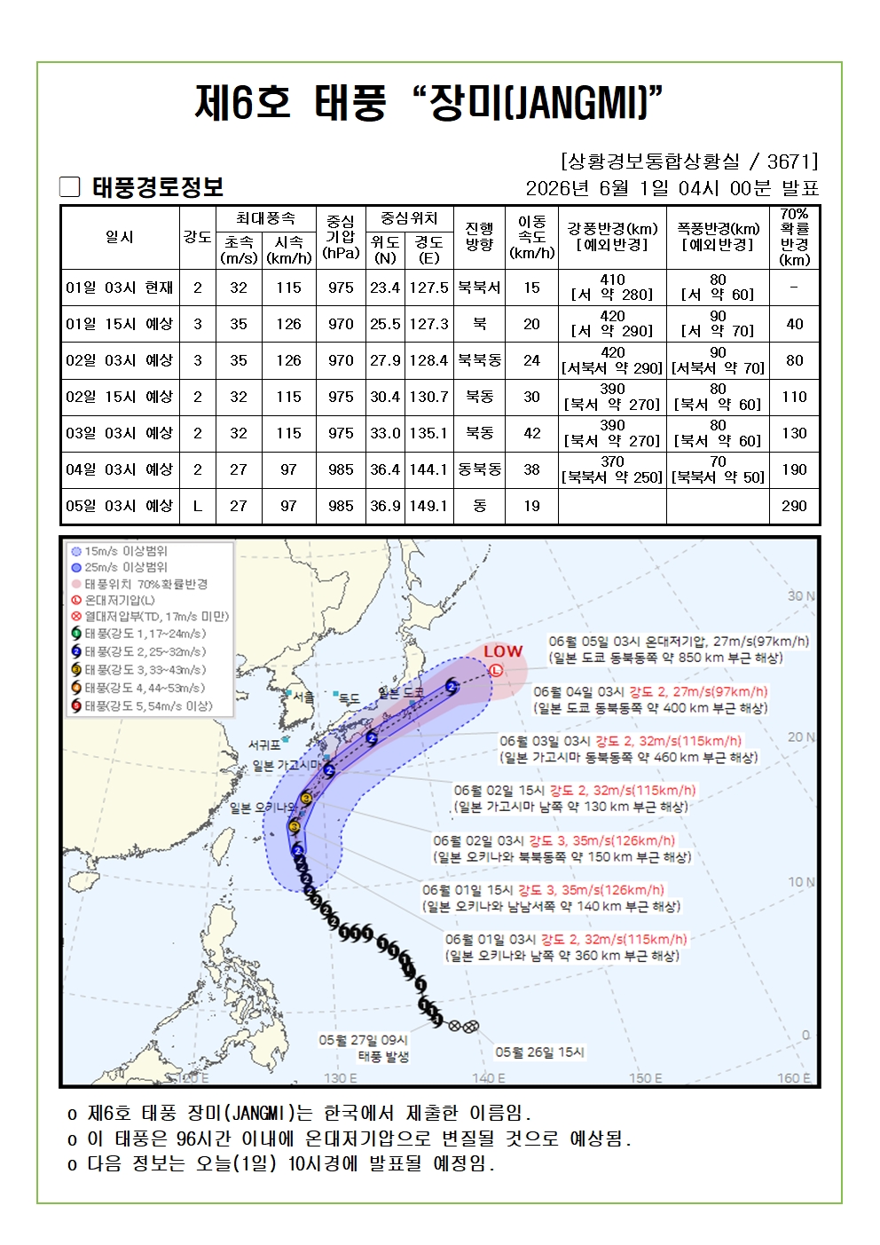 제6호 태풍 장미 예상진로도 2026. 06. 01. 04시00분 발표