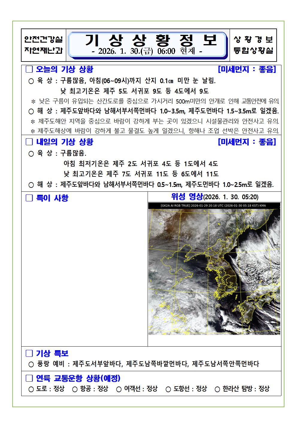 기상상황 2026. 1. 30. 금요일 