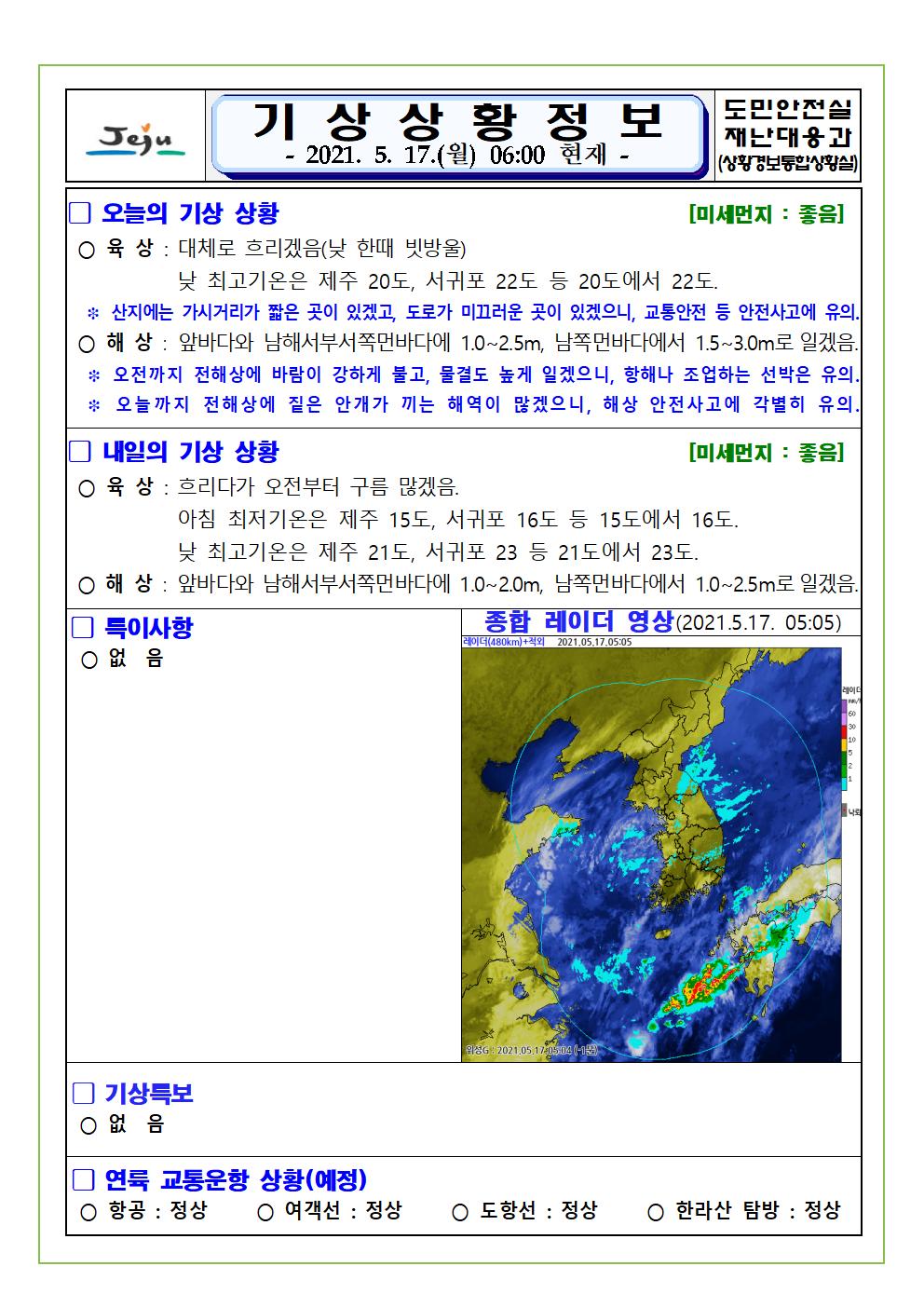 기상상황 2021. 5. 17. 월요일 