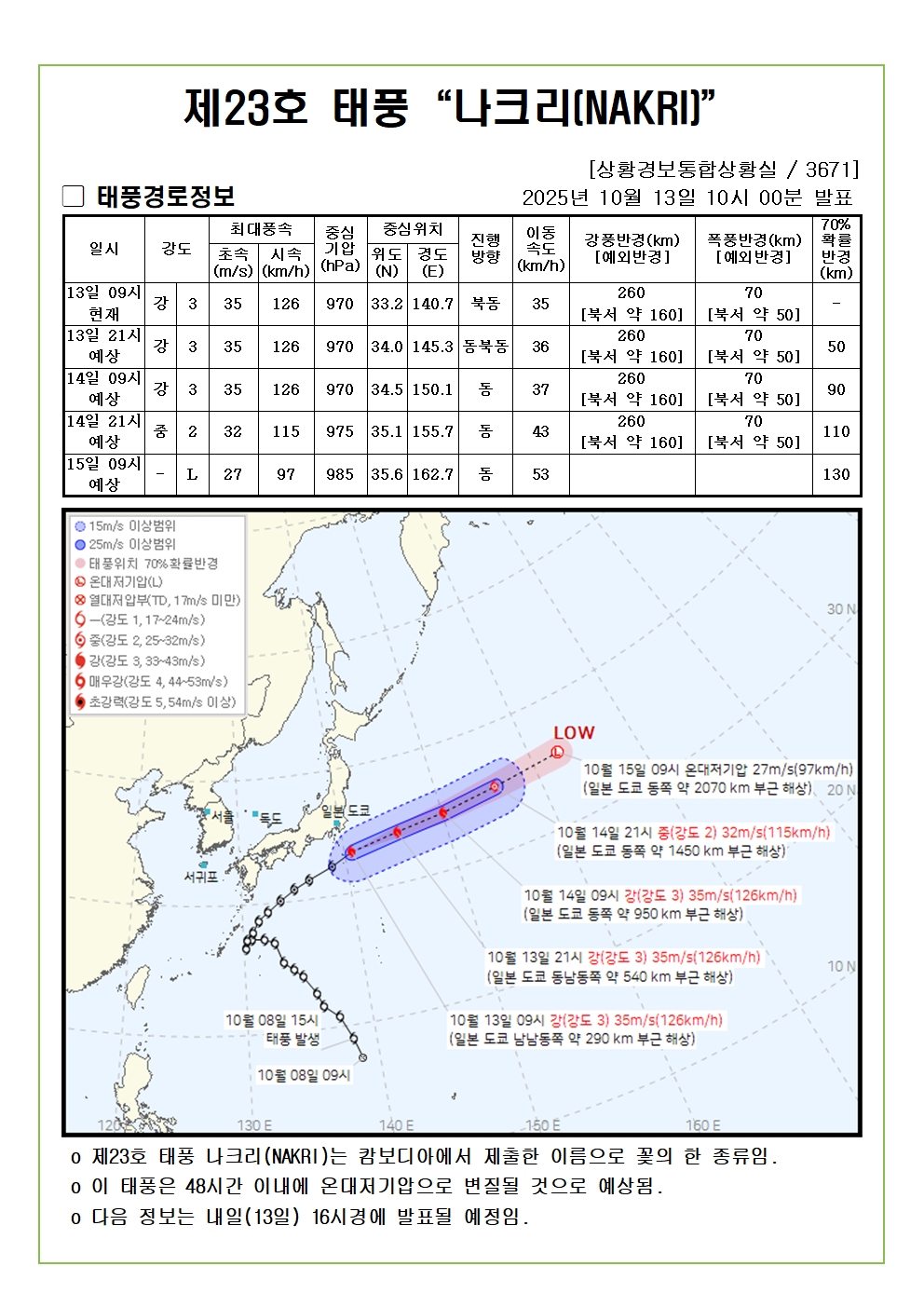 제23호 태풍 나크리 예상진로도 2025. 10. 13. 10시00분 발표 