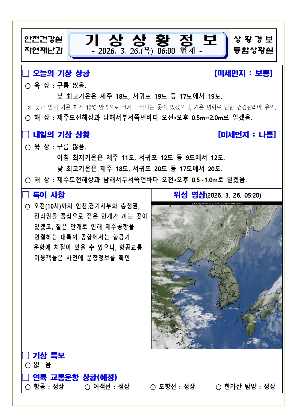 기상상황 2026. 3. 26. 목요일 