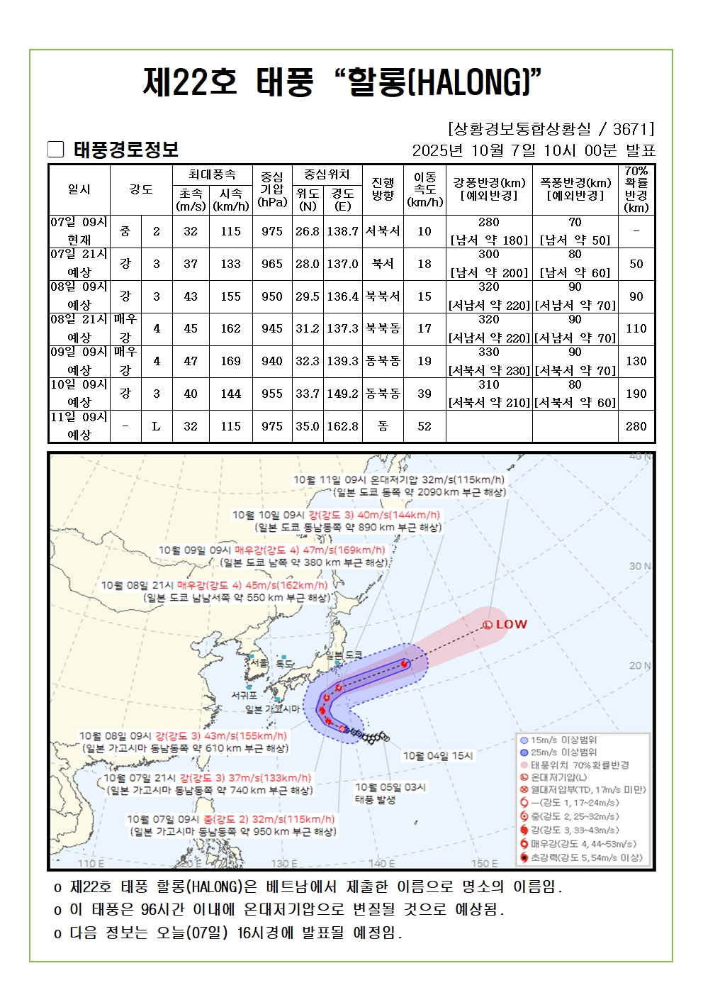 제22호 태풍 할롱 예상진로도 2025. 10. 07. 10시00분 발표 