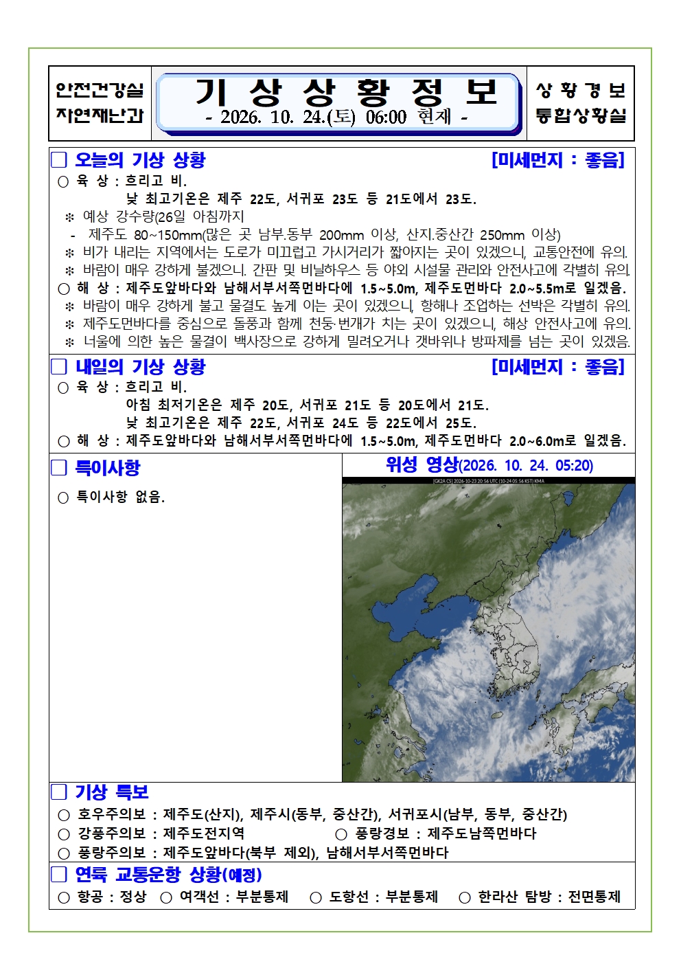 기상상황 2026.10.24. 토요일 
