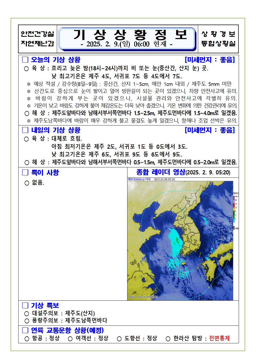 기상상황 2025. 2. 9. 일요일