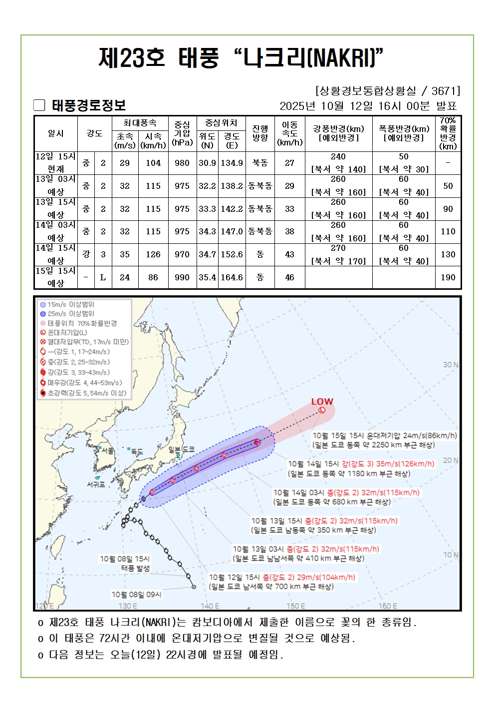 제23호 태풍 나크리 예상진로도 2025. 10. 12. 16시00분 발표 