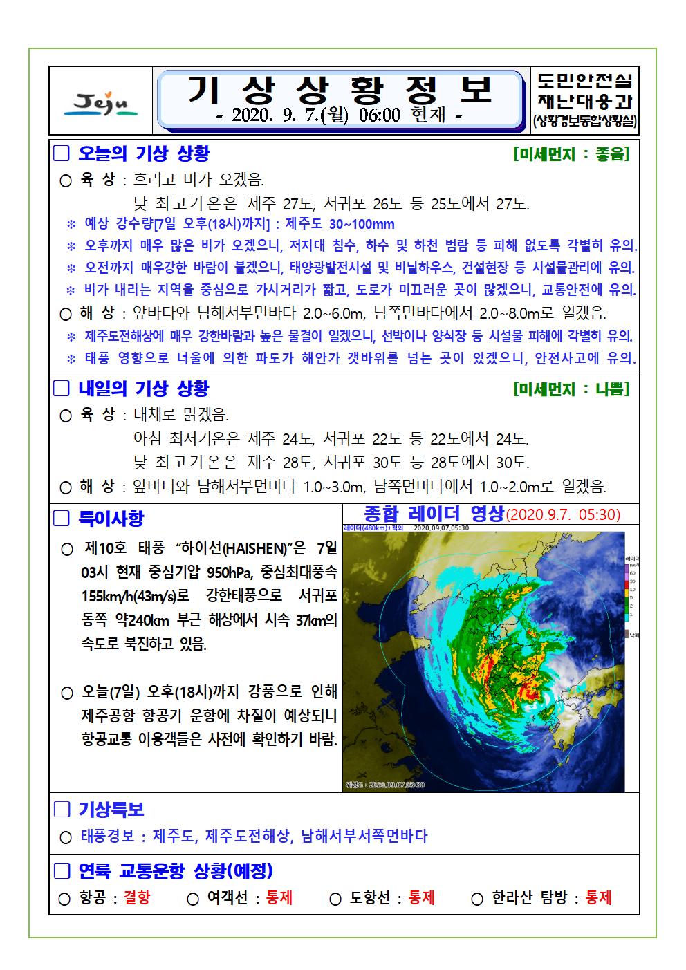 기상상황 2020. 9. 7. 월요일 