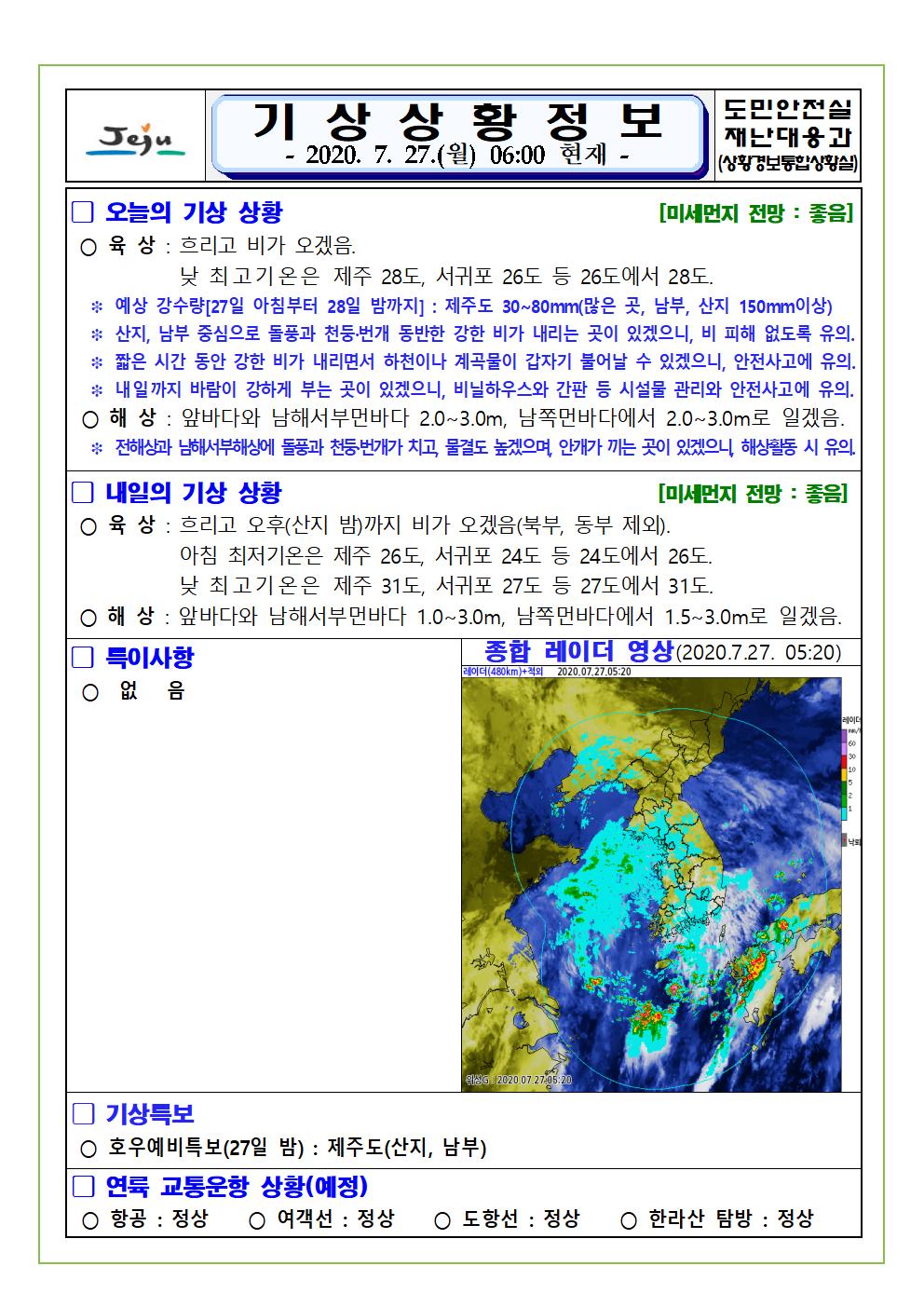 기상상황 2020. 7. 27. 월요일 
