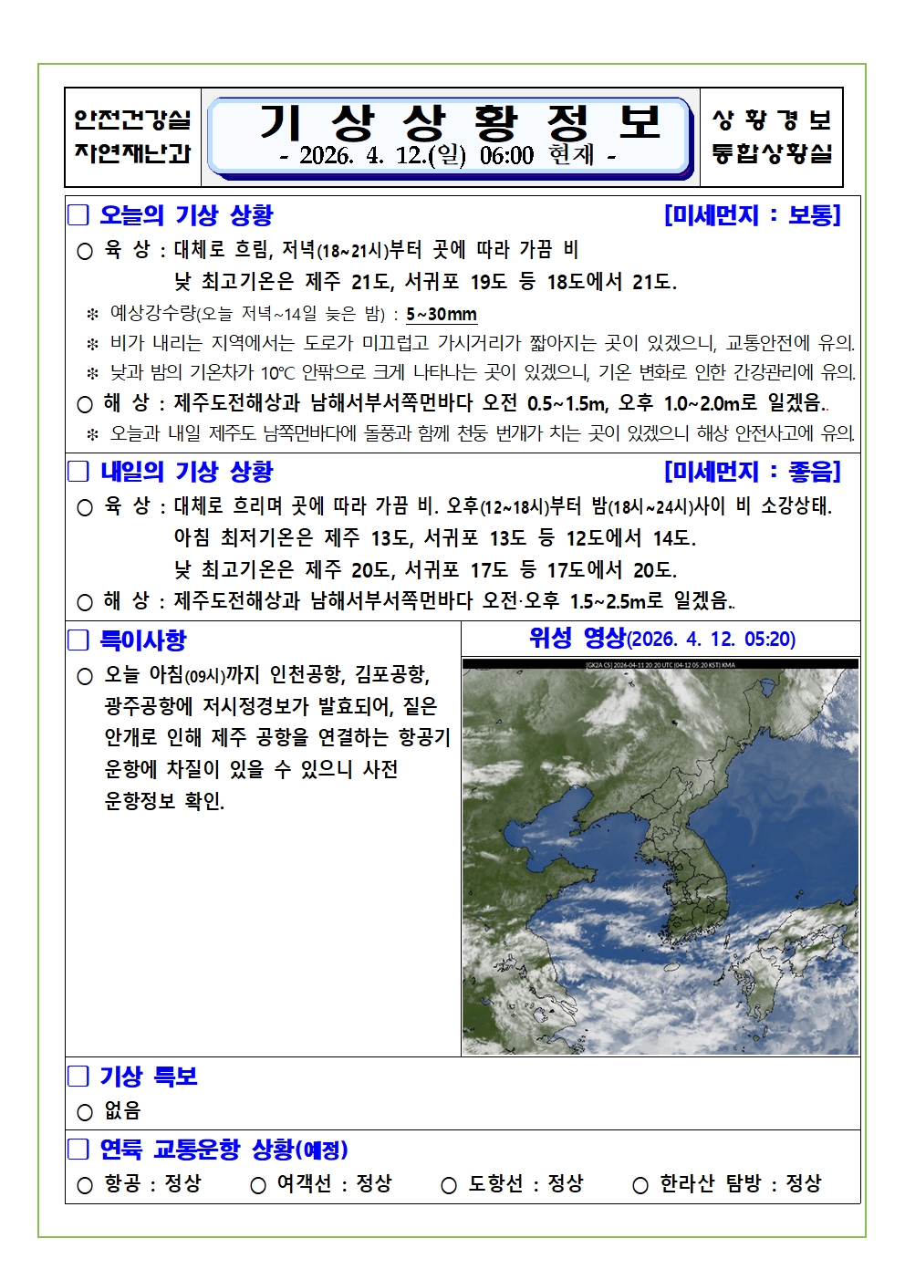 기상상황 2026. 4. 12. 일요일
