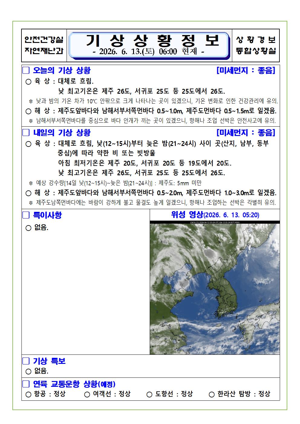 기상상황 2026. 6. 13. 토요일 