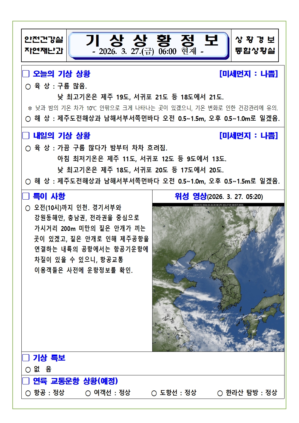 기상상황 2026. 3. 27. 금요일 