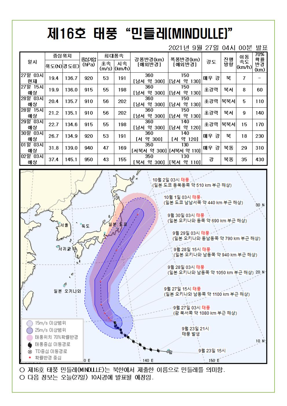 제16호 태풍 민들레 예상진로도 9월 27일(월) 04시00분 발표 