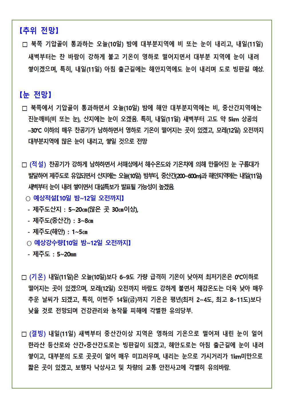 제주지역 기상정보 및 전망(대설•강풍•풍랑, 1.10.~1.12.) 