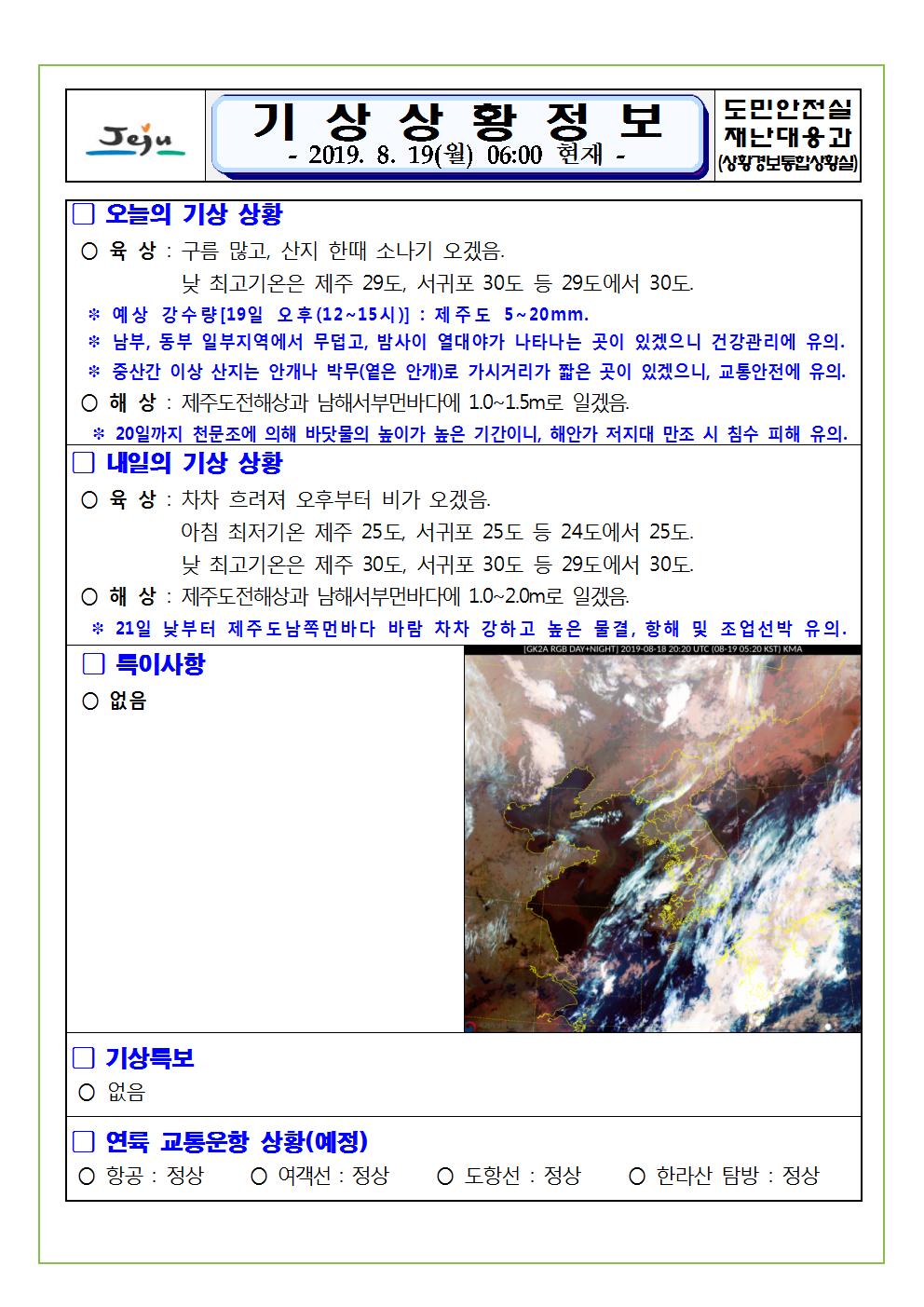 기상상황 정보 2019.8.19. 월요일 