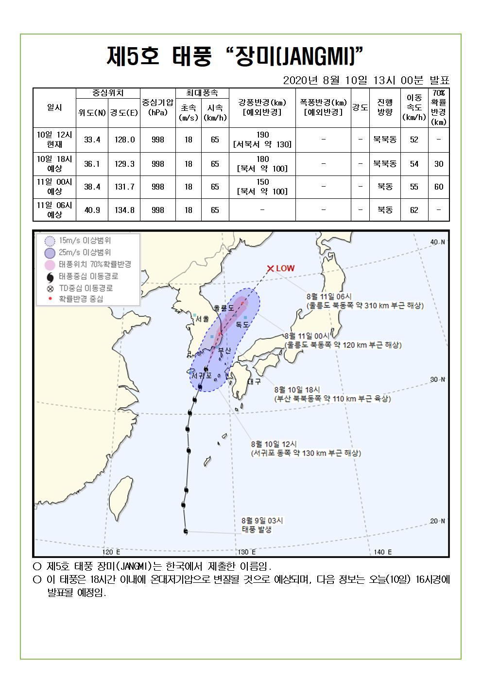 제5호 태풍 장미 예상진로도 2020. 8. 10.(월) 13시 00분 발표 